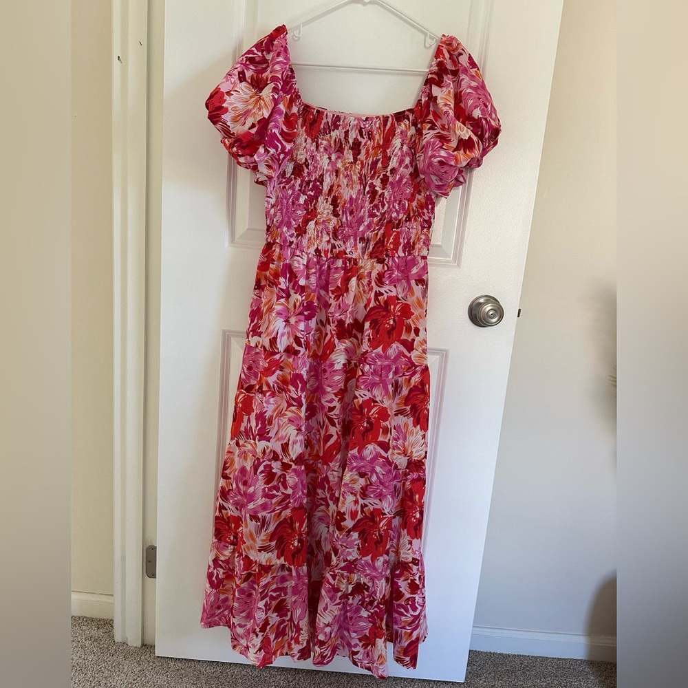 Floral Pink & Red Midi Dress with Puff Sleeves